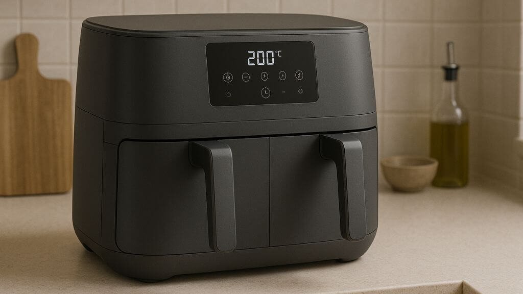 Beste dubbele airfryer 2025 – stijlvolle zwarte dubbele airfryer met touchscreen en twee lades op keukenblad