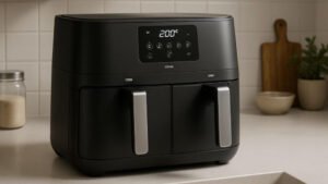 Beste dubbele airfryer 2025 – zwarte dubbele airfryer met touchscreen bediening op aanrecht