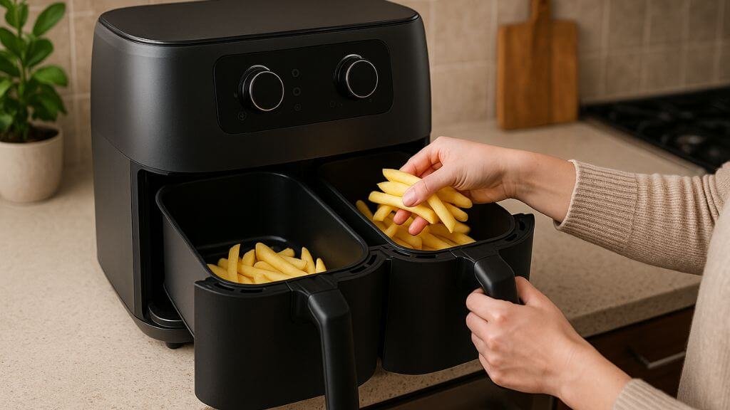Gebruiker vult dubbele airfryer met friet – beste dubbele airfryer in gebruik op aanrecht